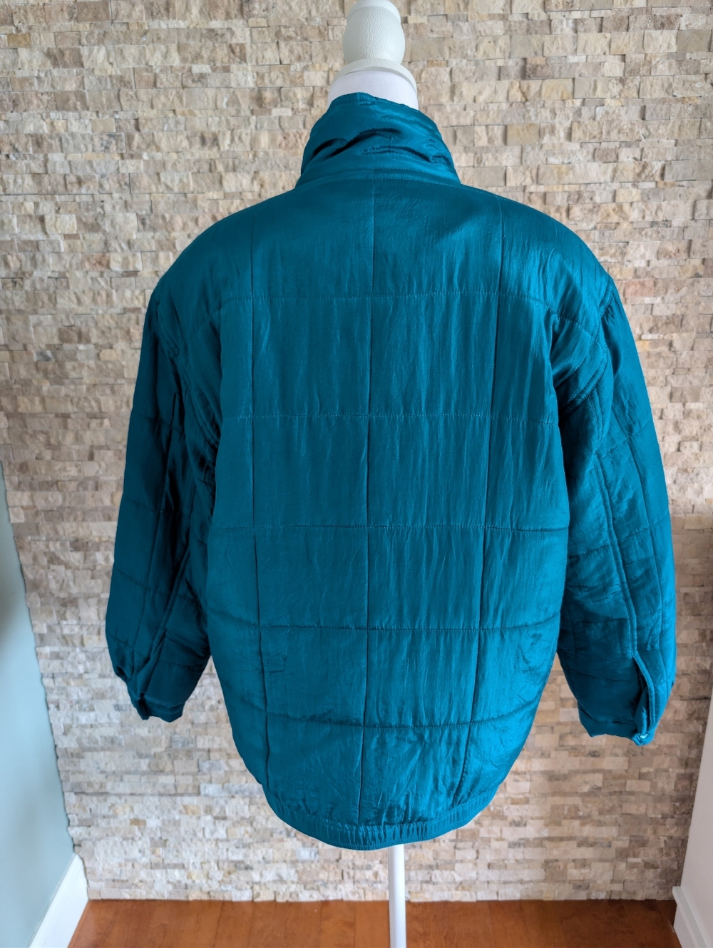 Vintage 90s Clio 100% Silk Quilted Puffer Turquoise Teal Sz M Statement Jacket image 3